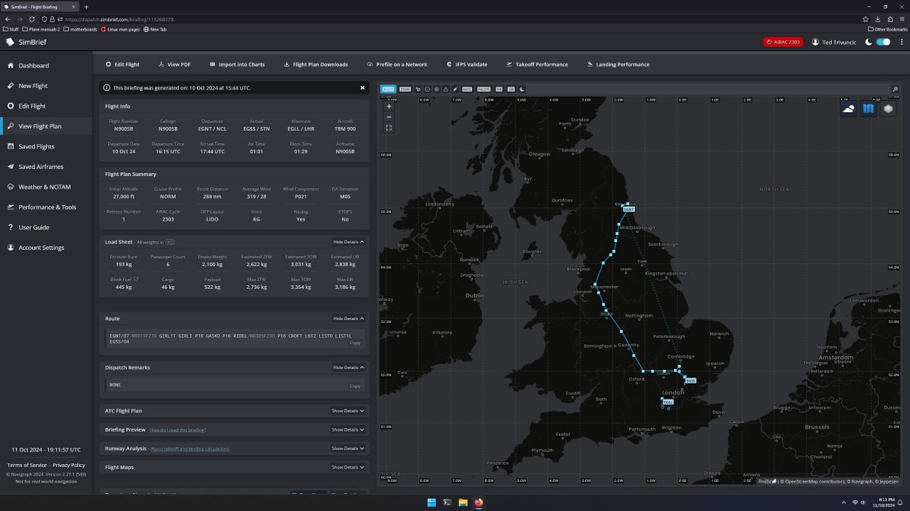 Photo of SimBrief and the route from Newcastle to Stansted